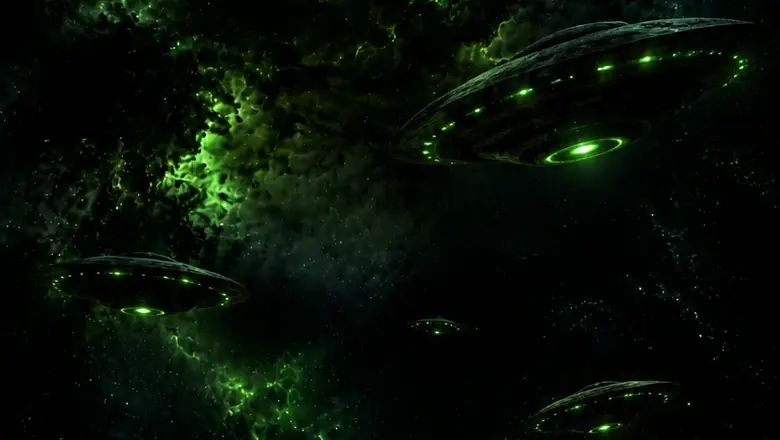 The green nebula backdrop with alien saucers drifting past